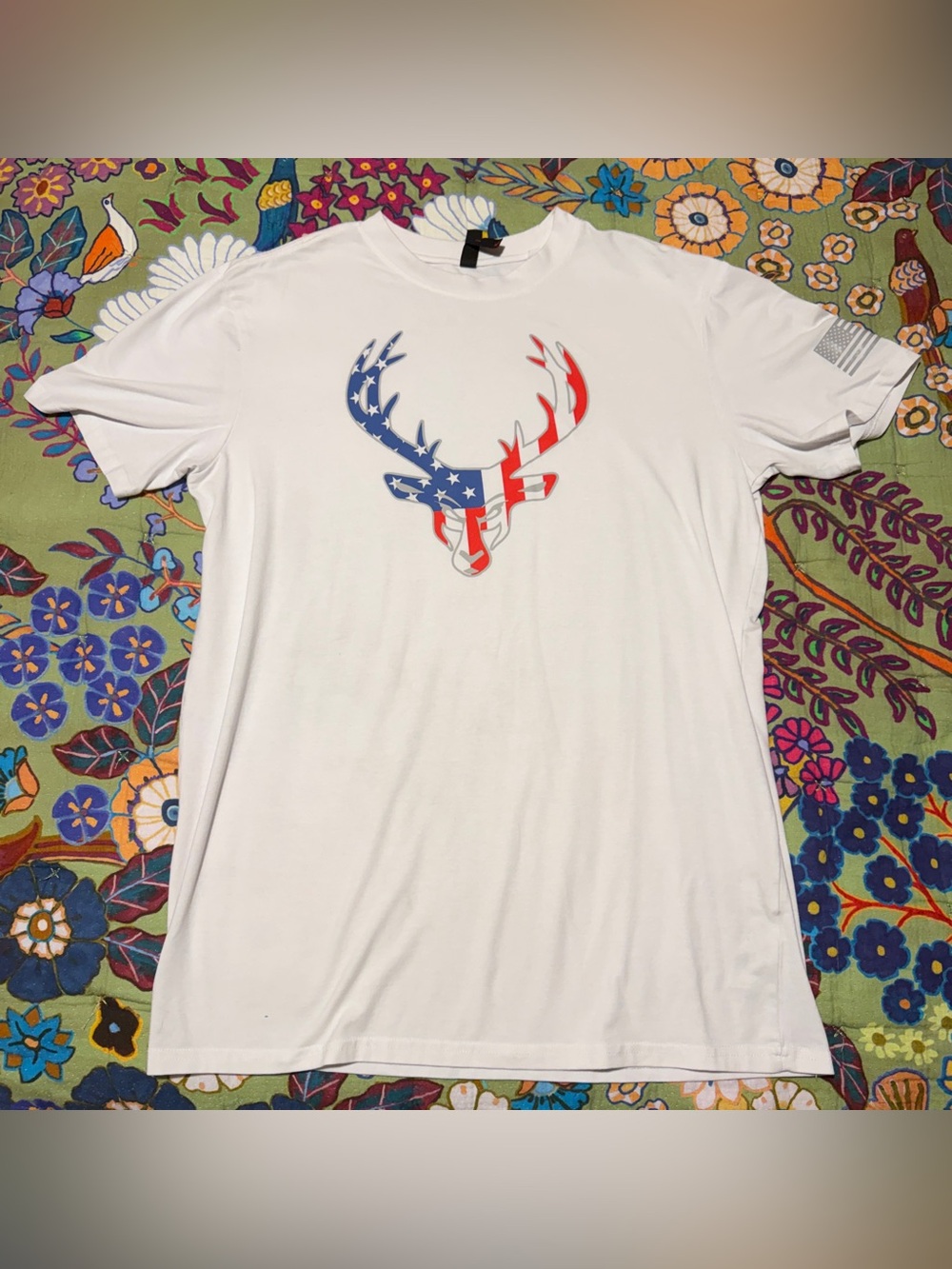 Men's White Short-Sleeve Tee with American Flag Deer Graphic
